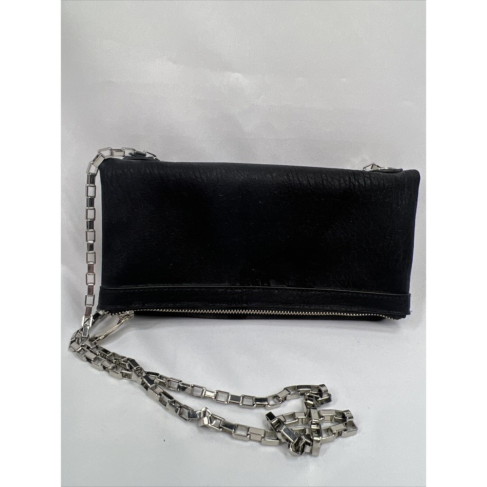 Express Black￼ Purse Folds To Clutch Shoulder Bag Silver Chain Zipper Magnet